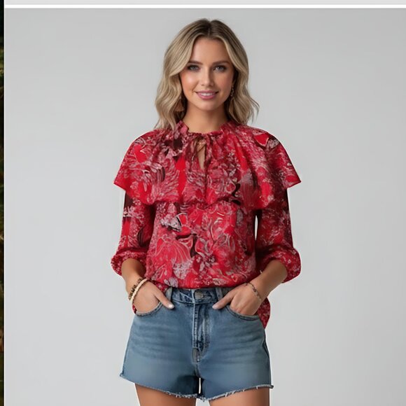 By Design Tops - Paisley & Floral Print  Lace Up Front Ruffle Trim Blouse